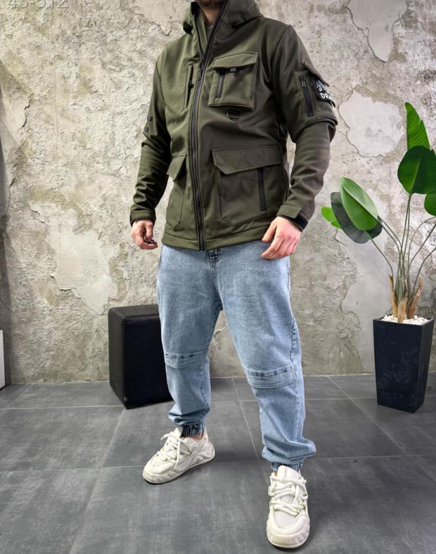 Вітрівка чоловіча хакі softshell на флісі з капюшоном