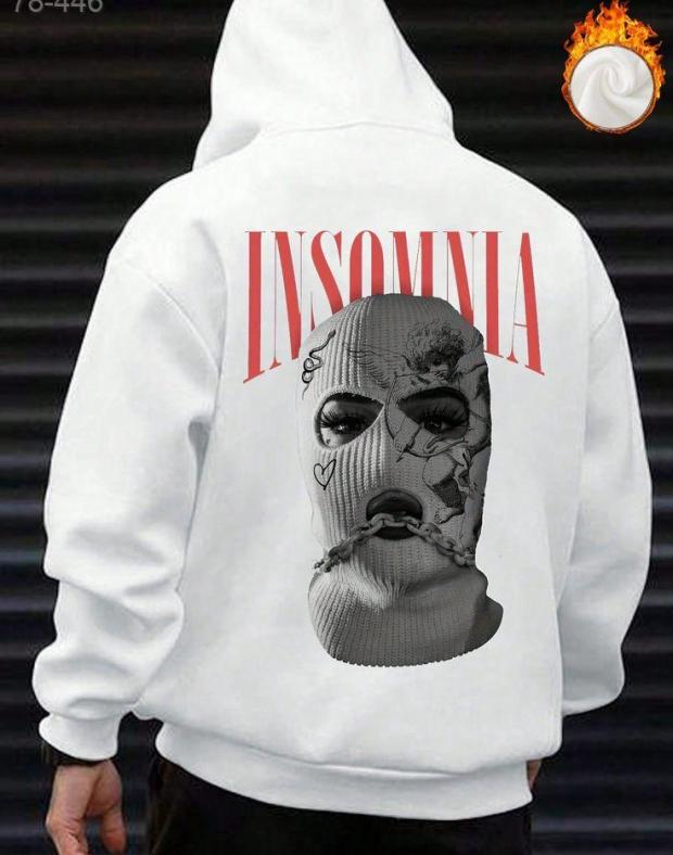 Чоловіче біле оверсайз худі з принтом Insomnia, 100% бавовна