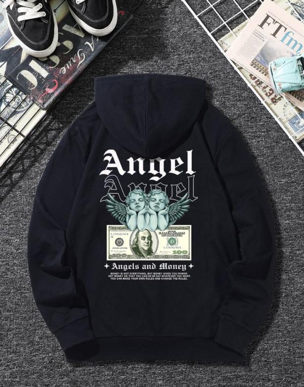 Чоловіче чорне оверсайз худі з принтом Angel and Money, бавовна