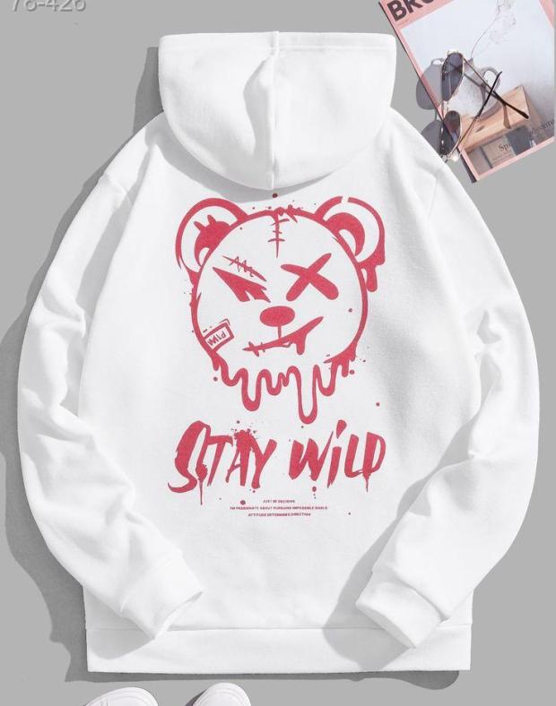 Чоловіче біле худі оверсайз з принтом ведмедя Stay Wild, бавовна