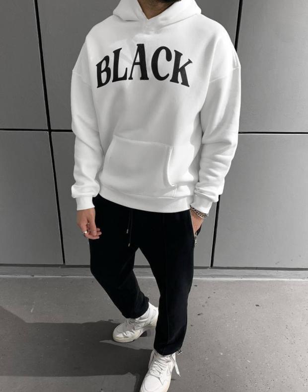 Чоловіче біле худі оверсайз з принтом BLACK