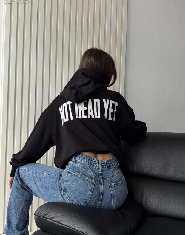 Худі жіноче чорне оверсайз з принтом NOT DEAD YET, тринитка
