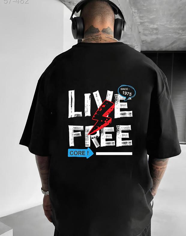 Футболка унісекс чорна оверсайз з принтом LIVE FREE, бавовна/поліестер