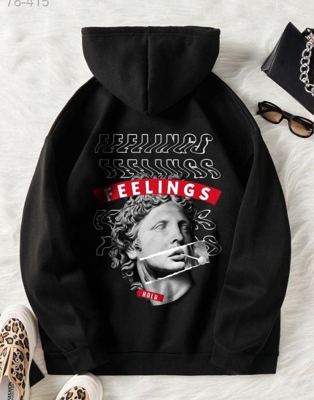 Чоловіче чорне худі оверсайз з принтом FEELINGS, бавовна, S-XXL