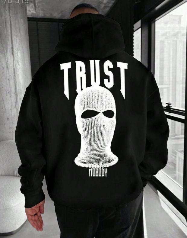Чоловіче чорне худі оверсайз з капюшоном та принтом Trust Nobody
