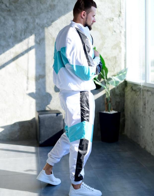 Спортивний костюм чоловічий білий з бірюзовим та чорним принтом, демісезон - Фото 4